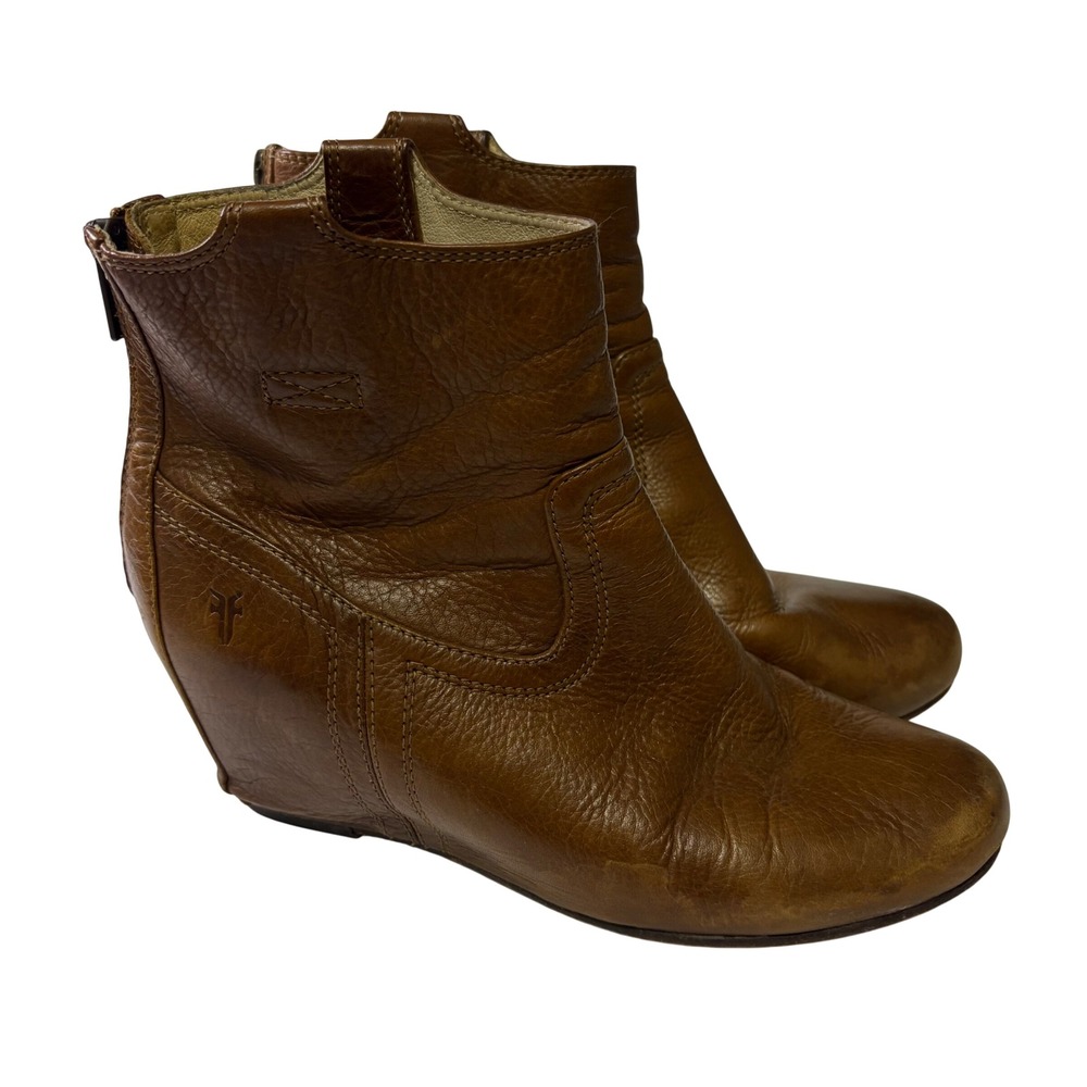 Frye Cognac Leather Western Ankle Boots Carson Wedge Bootie Brown Womens 8.5